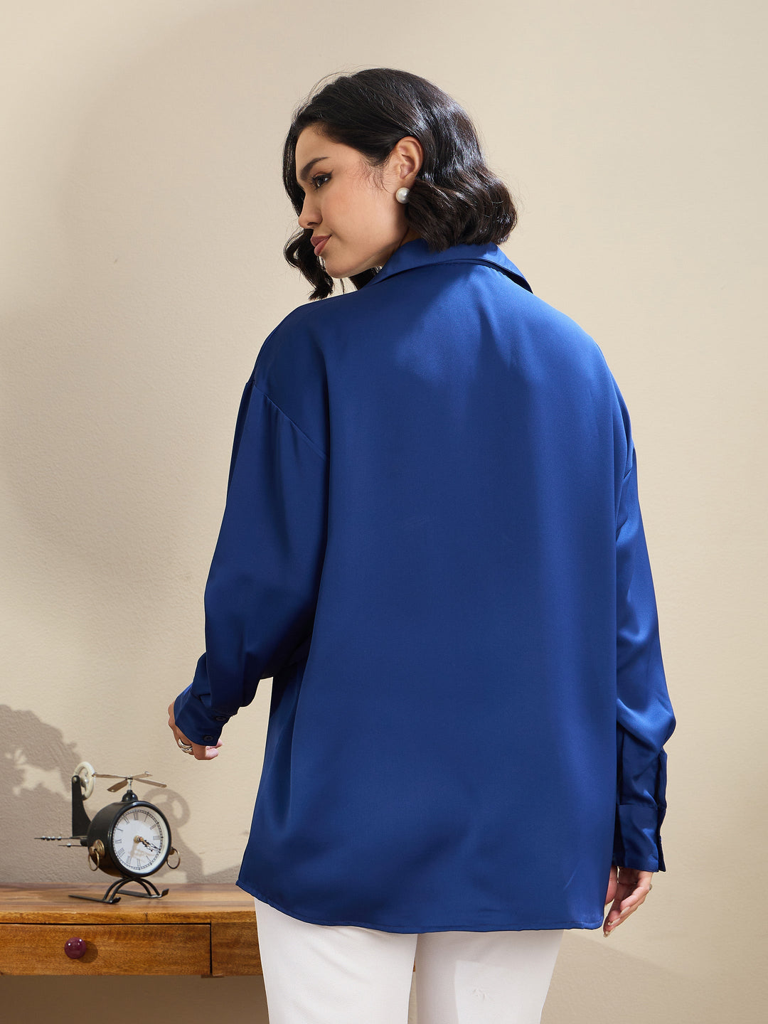 Women Royal Blue Satin Oversized Curved Hem Shirt