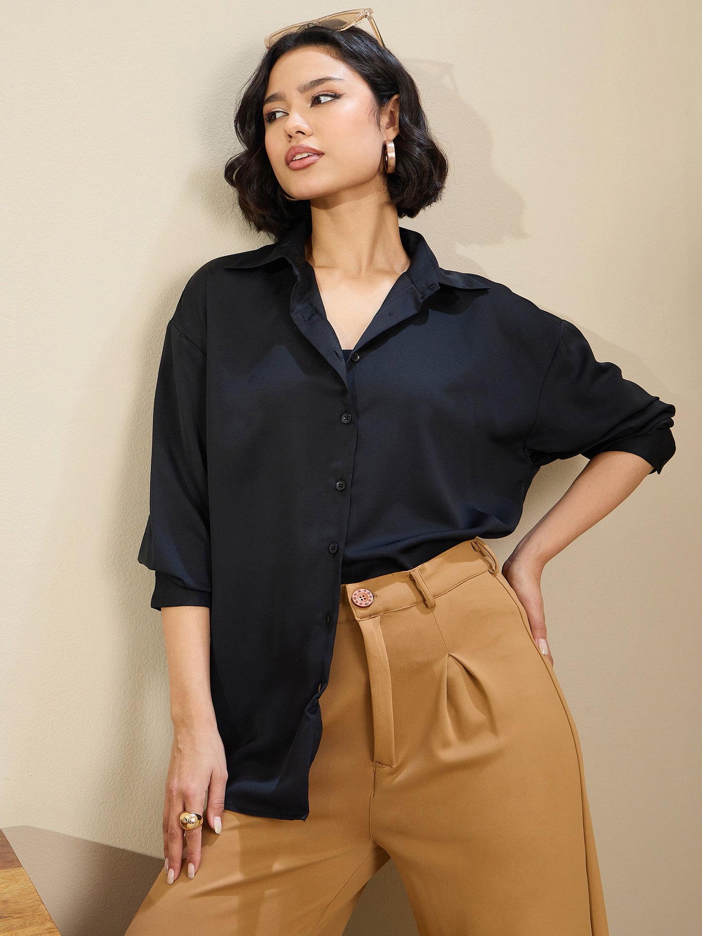 Black Satin Oversized Curved Hem Shirt