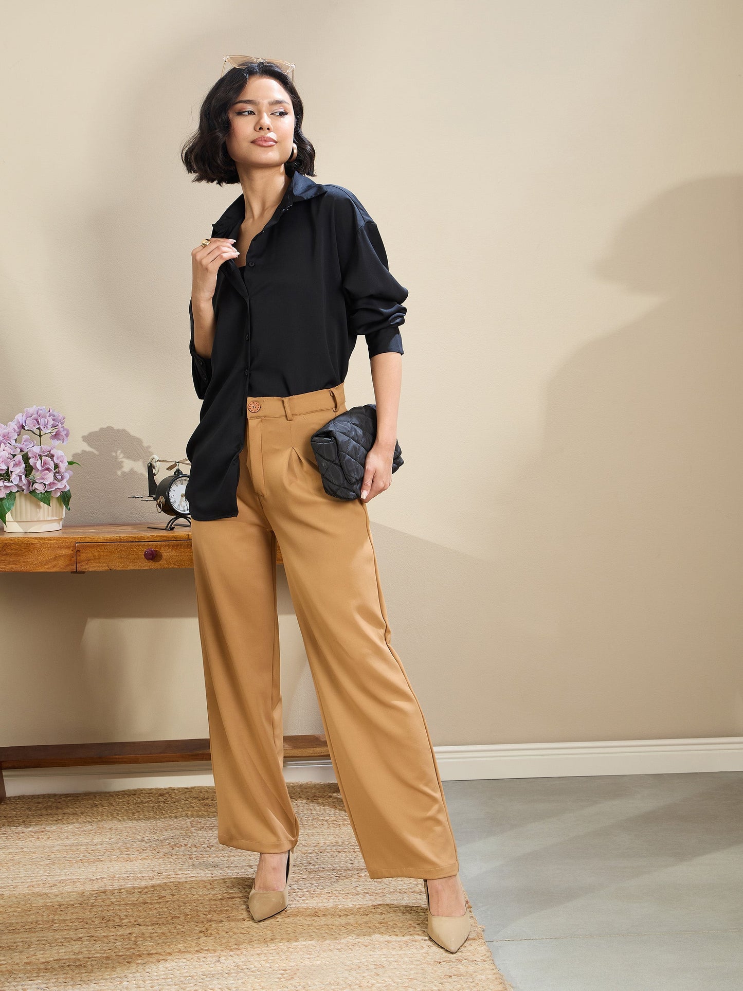 Black Satin Oversized Curved Hem Shirt
