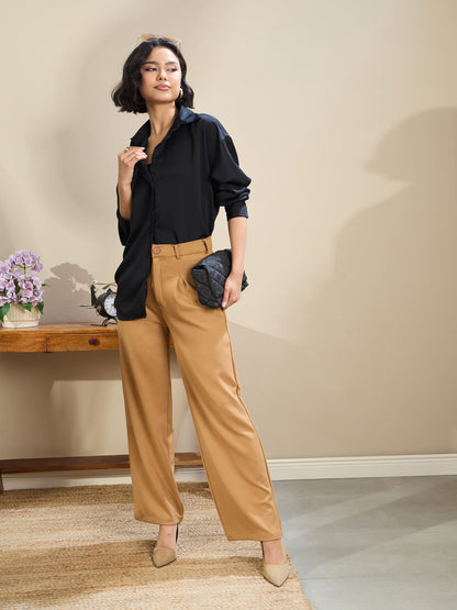 Black Satin Oversized Curved Hem Shirt
