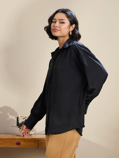Black Satin Oversized Curved Hem Shirt