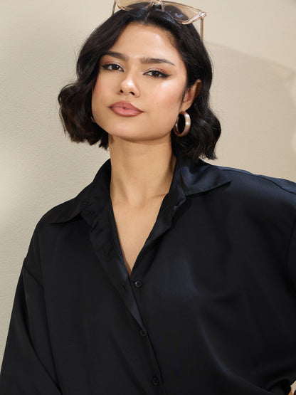 Black Satin Oversized Curved Hem Shirt