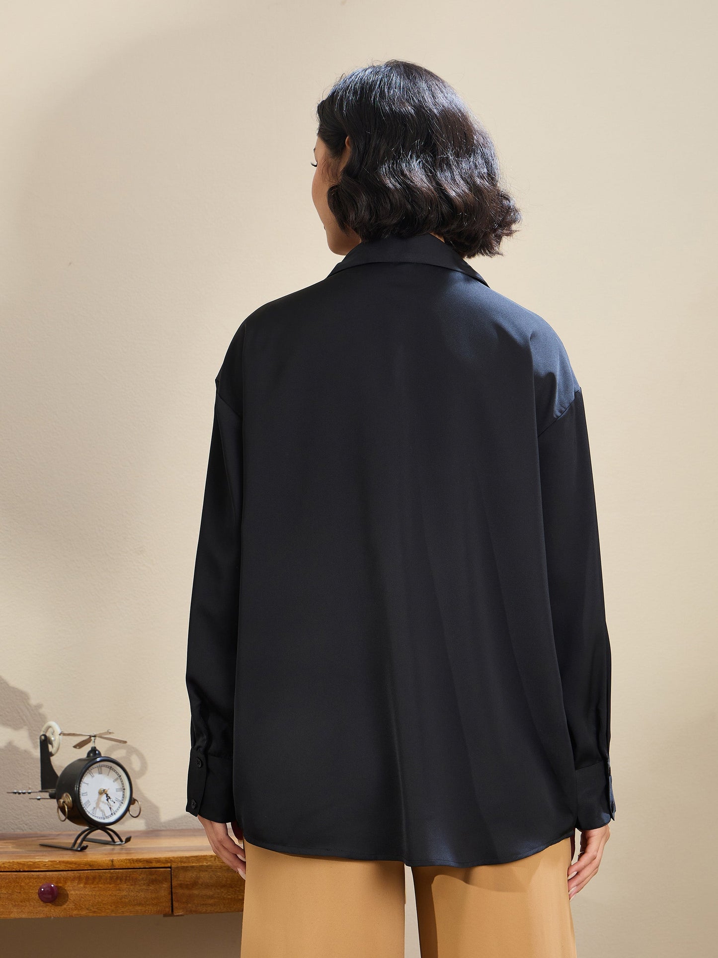 Black Satin Oversized Curved Hem Shirt