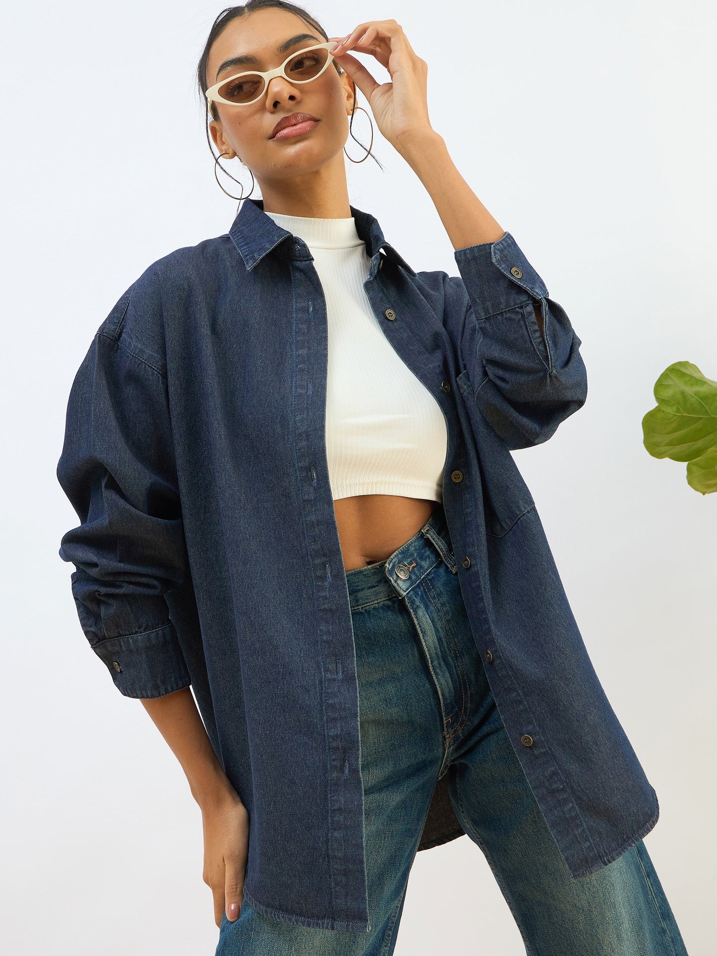 Women Blue Washed Denim Oversized Shirt