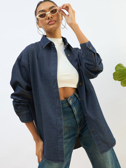 Women Blue Washed Denim Oversized Shirt