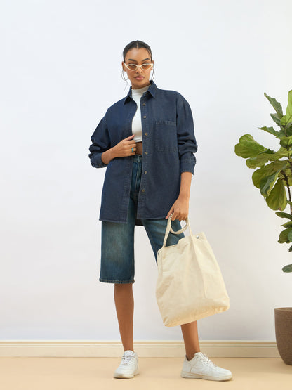 Women Blue Washed Denim Oversized Shirt