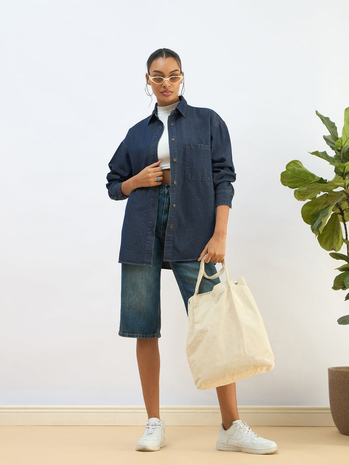 Women Blue Washed Denim Oversized Shirt