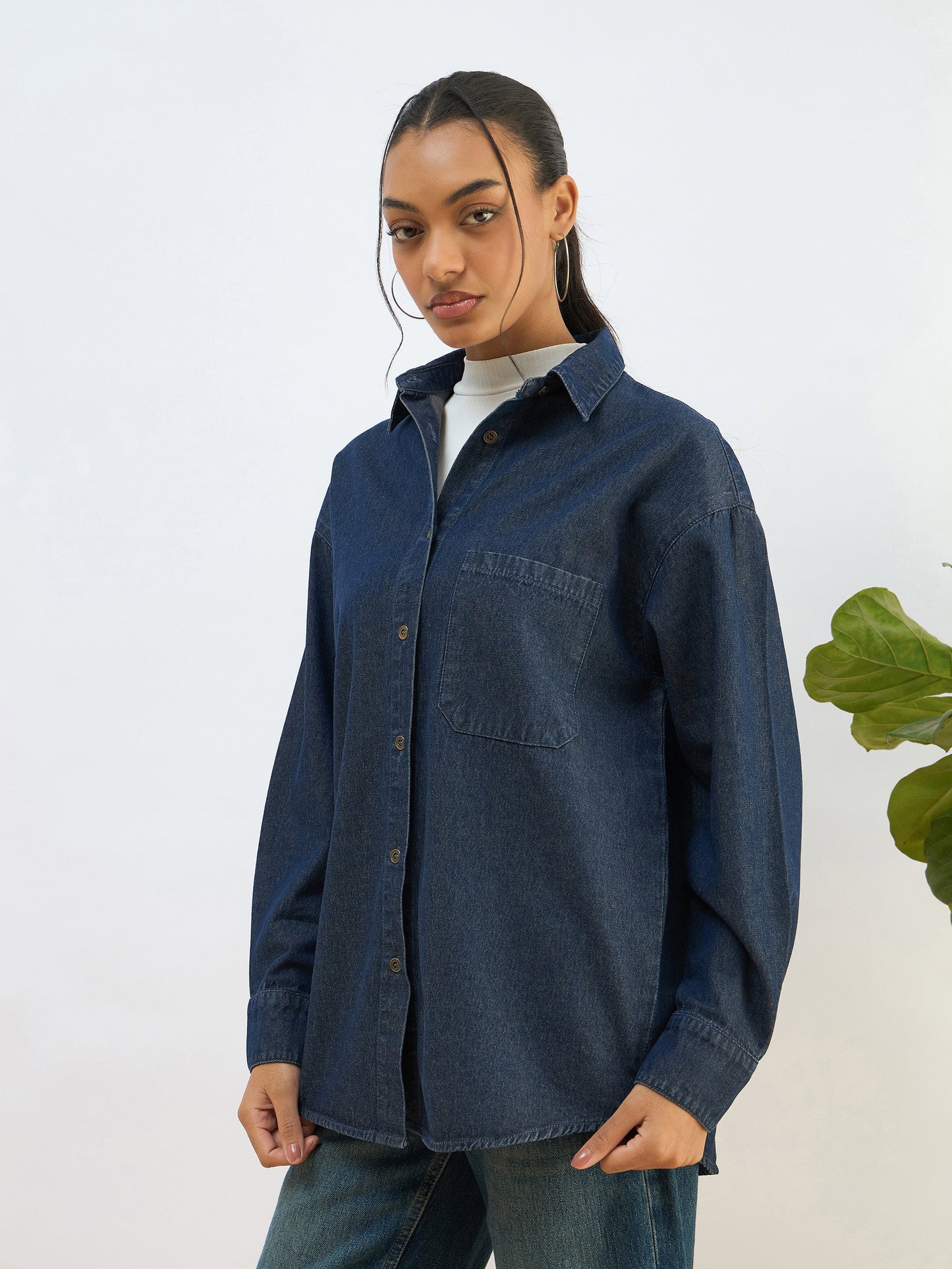 Women Blue Washed Denim Oversized Shirt