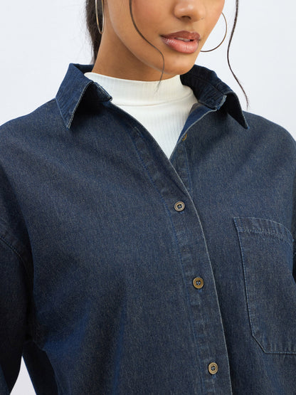 Women Blue Washed Denim Oversized Shirt