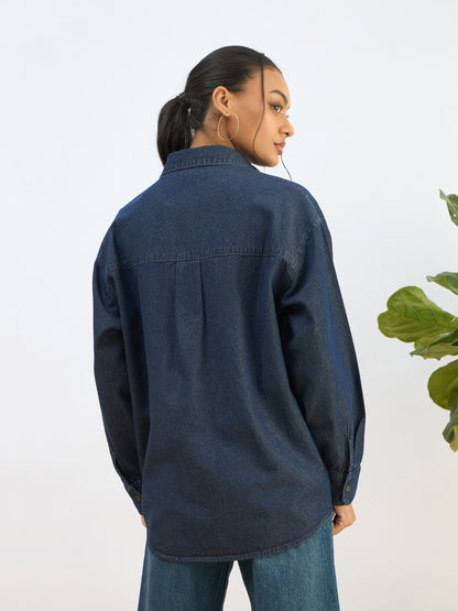 Women Blue Washed Denim Oversized Shirt