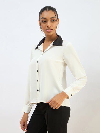 Women White Contrast Collar Regular Shirt