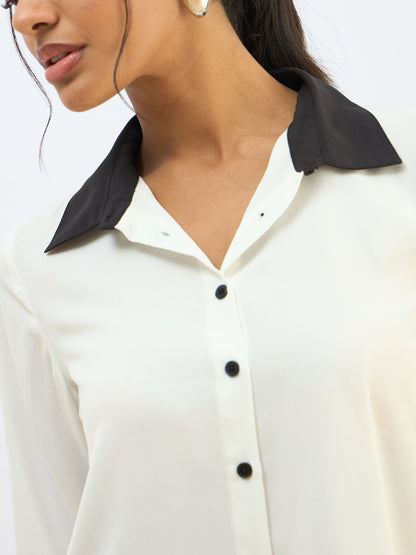 Women White Contrast Collar Regular Shirt