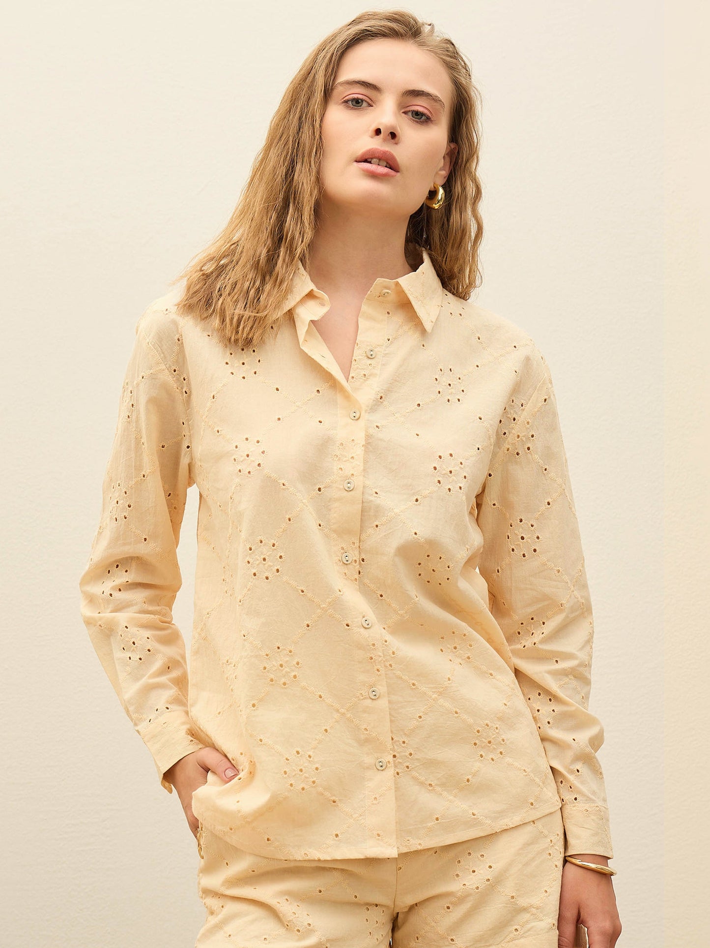 Ecru Schiffli Full Sleeve Regular Shirt
