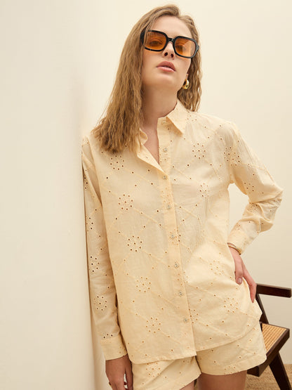 Ecru Schiffli Full Sleeve Regular Shirt