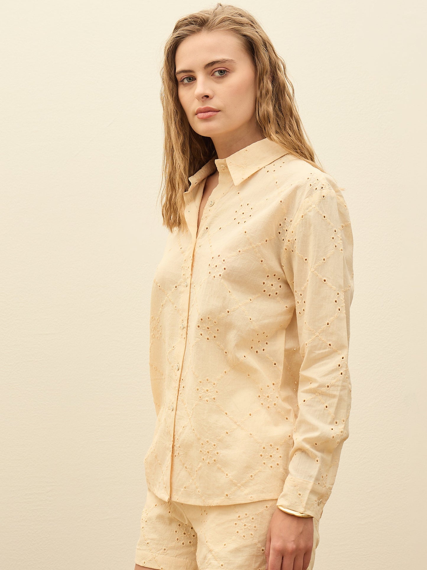 Ecru Schiffli Full Sleeve Regular Shirt