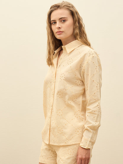 Ecru Schiffli Full Sleeve Regular Shirt
