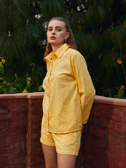 Women Yellow Schiffli Full Sleeve Regular Shirt