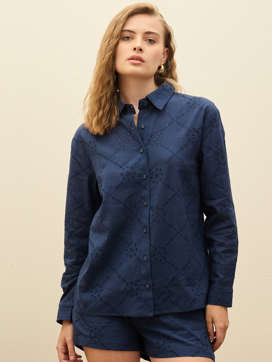 Women's Women Navy Schiffli Full Sleeve Regular Shirt in Cotton by Sassafras for wholesale, bulk, supplier, manufacturer and wholesaler buyers from Trendphoria