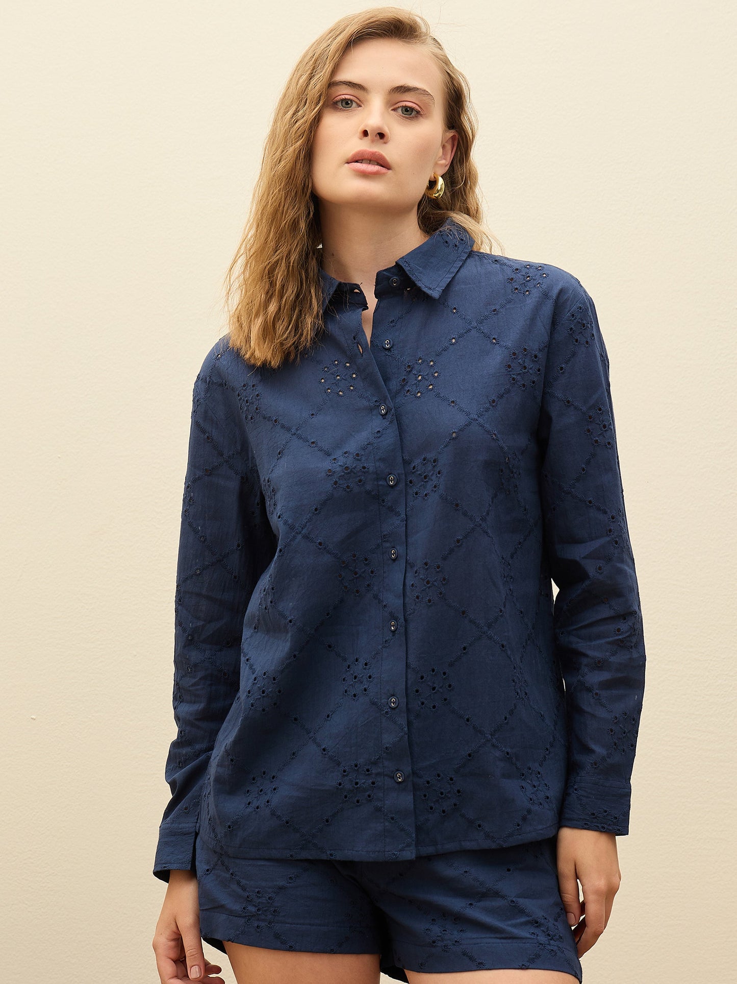 Women Navy Schiffli Full Sleeve Regular Shirt