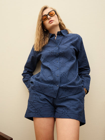 Women Navy Schiffli Full Sleeve Regular Shirt