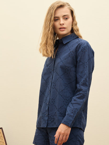 Women Navy Schiffli Full Sleeve Regular Shirt