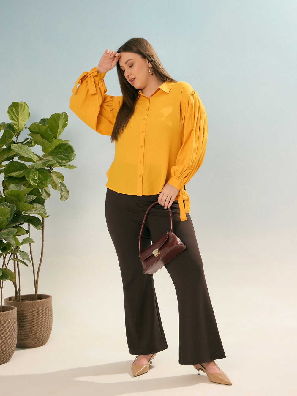 Mustard Sleeve Knot Collar Shirt -SASSAFRAS Curve