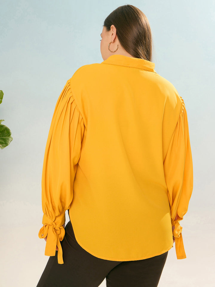 Mustard Sleeve Knot Collar Shirt -SASSAFRAS Curve