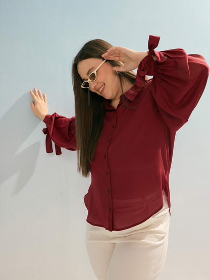 Maroon Sleeve Knot Collar Shirt