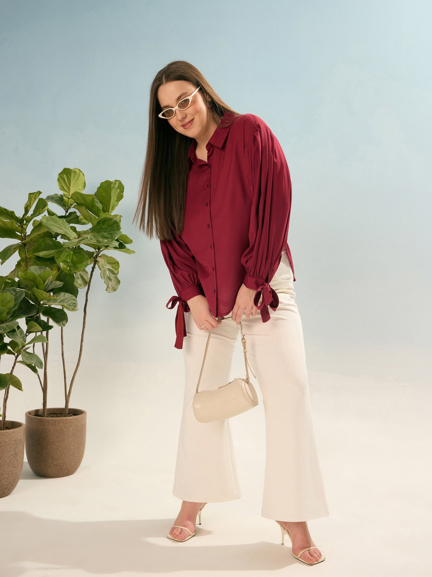 Maroon Sleeve Knot Collar Shirt