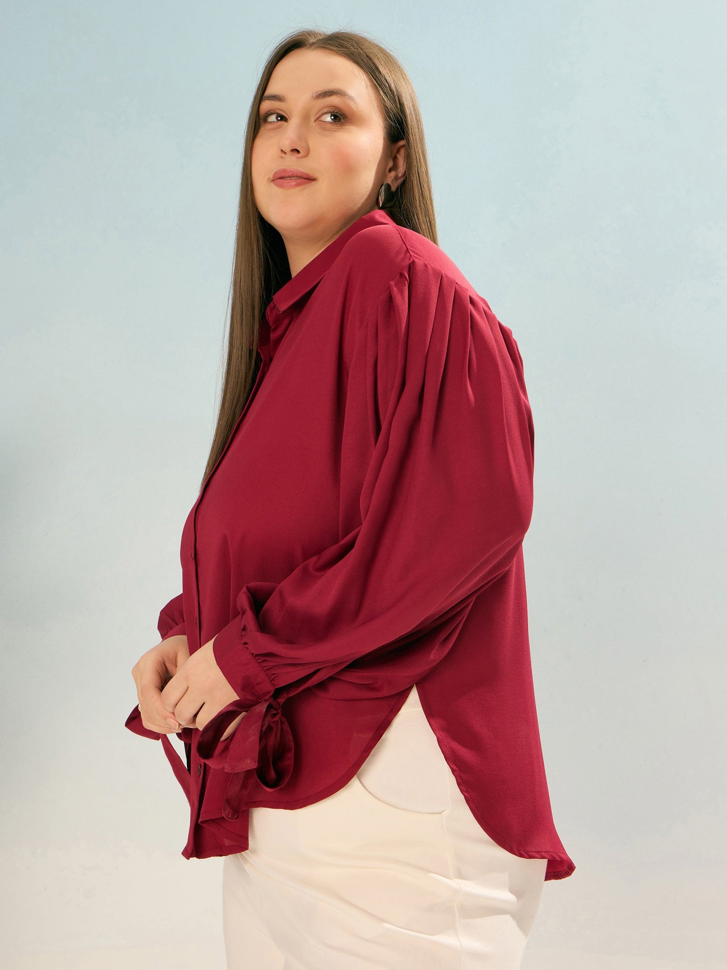 Maroon Sleeve Knot Collar Shirt