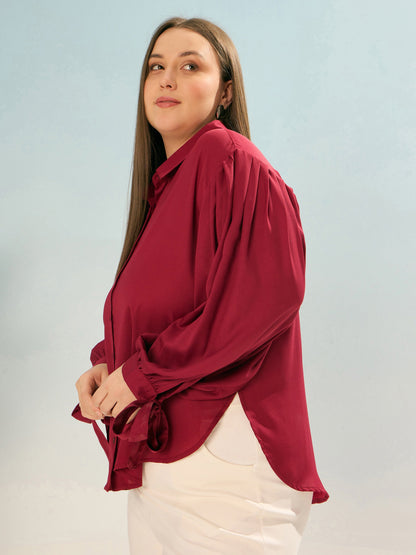 Maroon Sleeve Knot Collar Shirt
