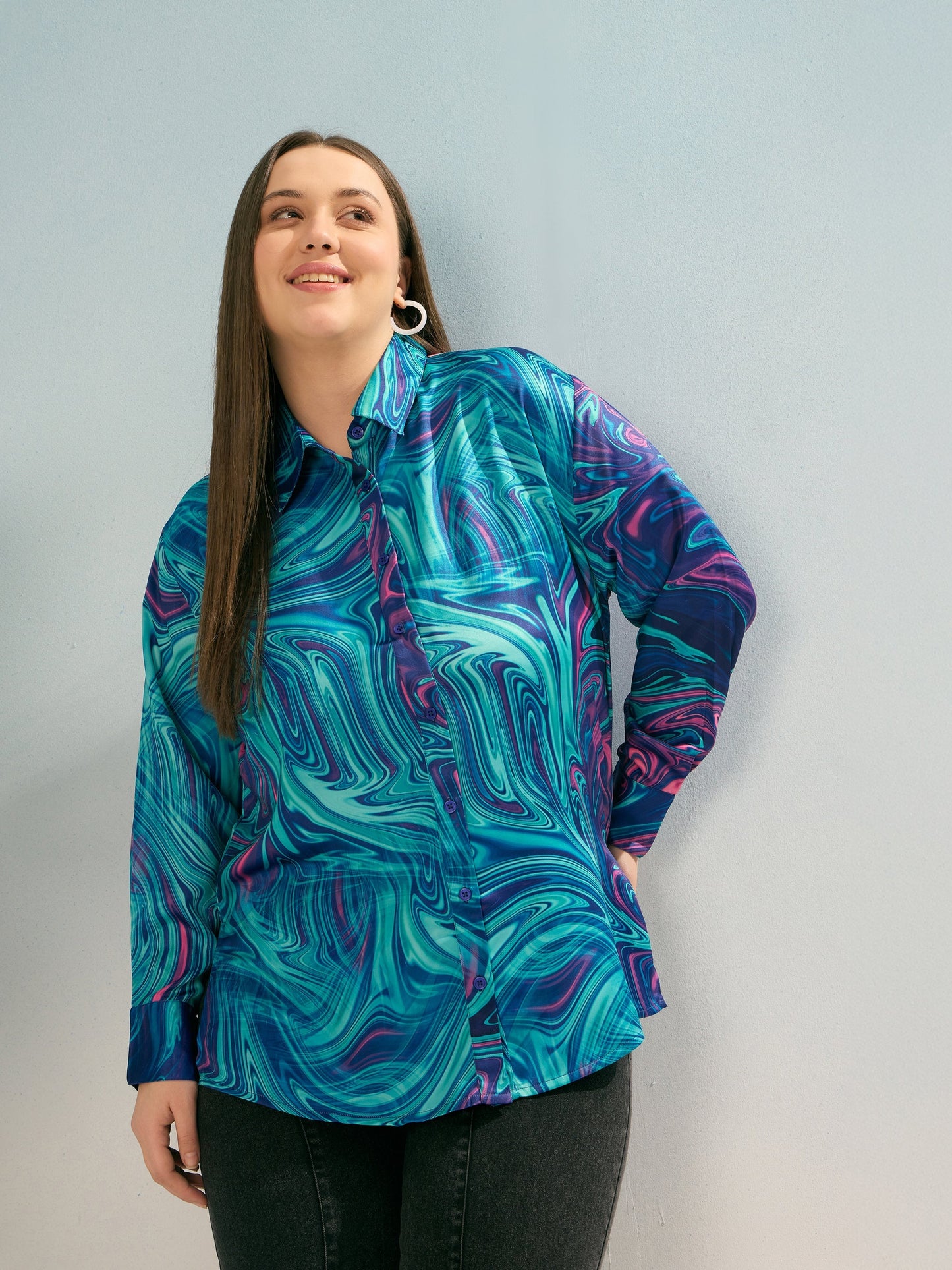 Blue Printed Regular Satin Shirt