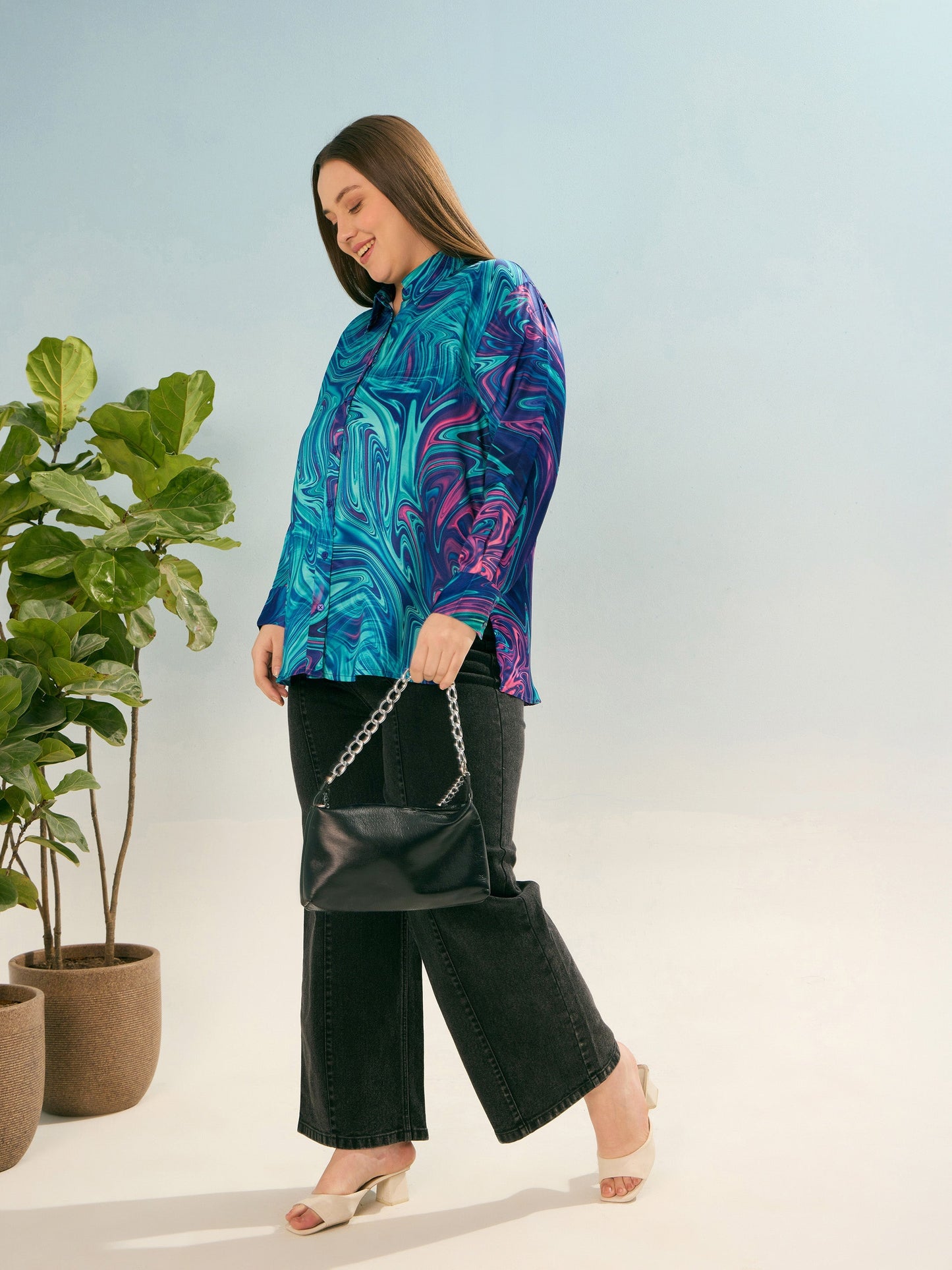 Blue Printed Regular Satin Shirt