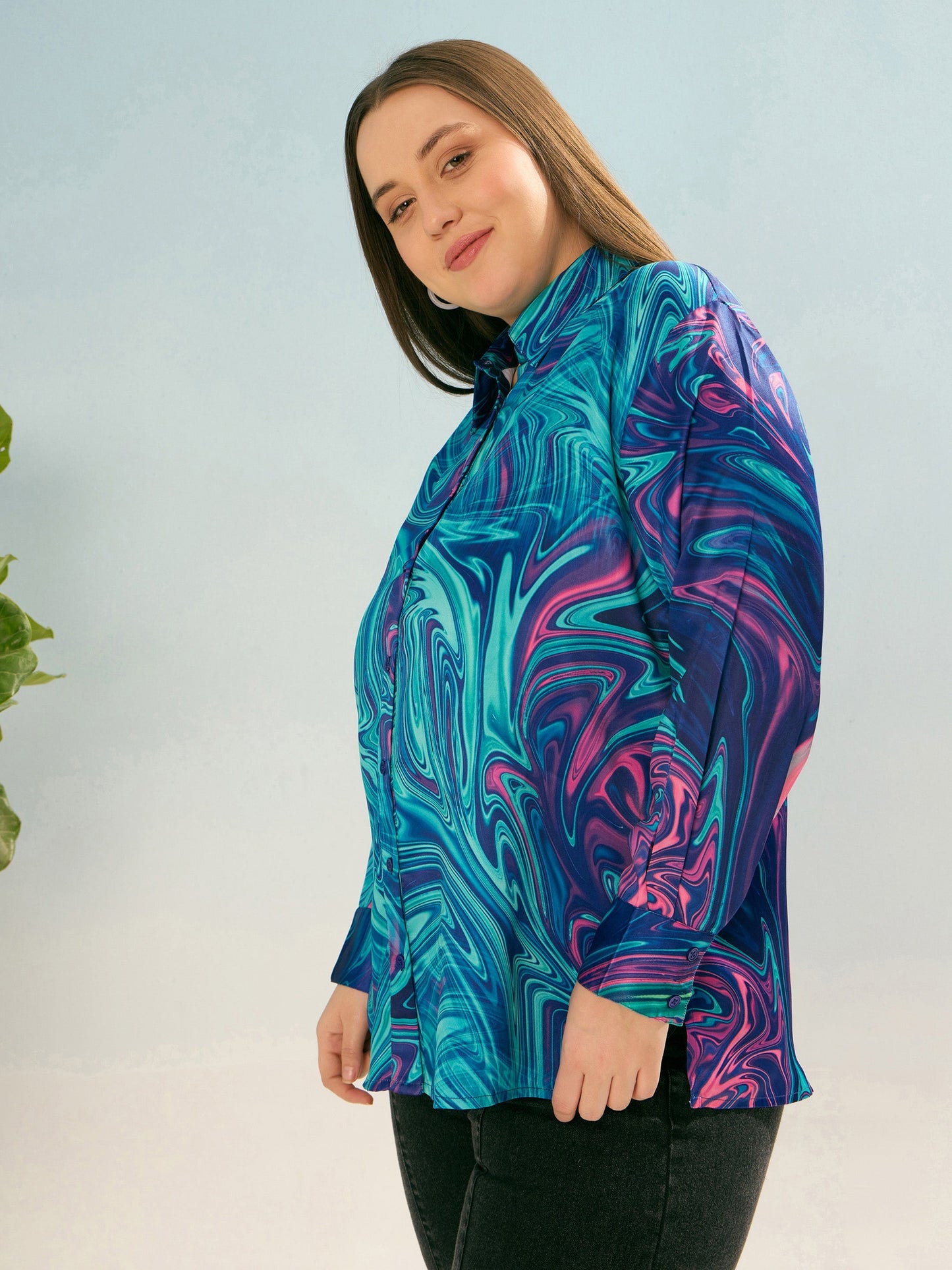 Blue Printed Regular Satin Shirt