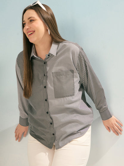 Black Stripes Poplin Front Pocket Regular Shirt