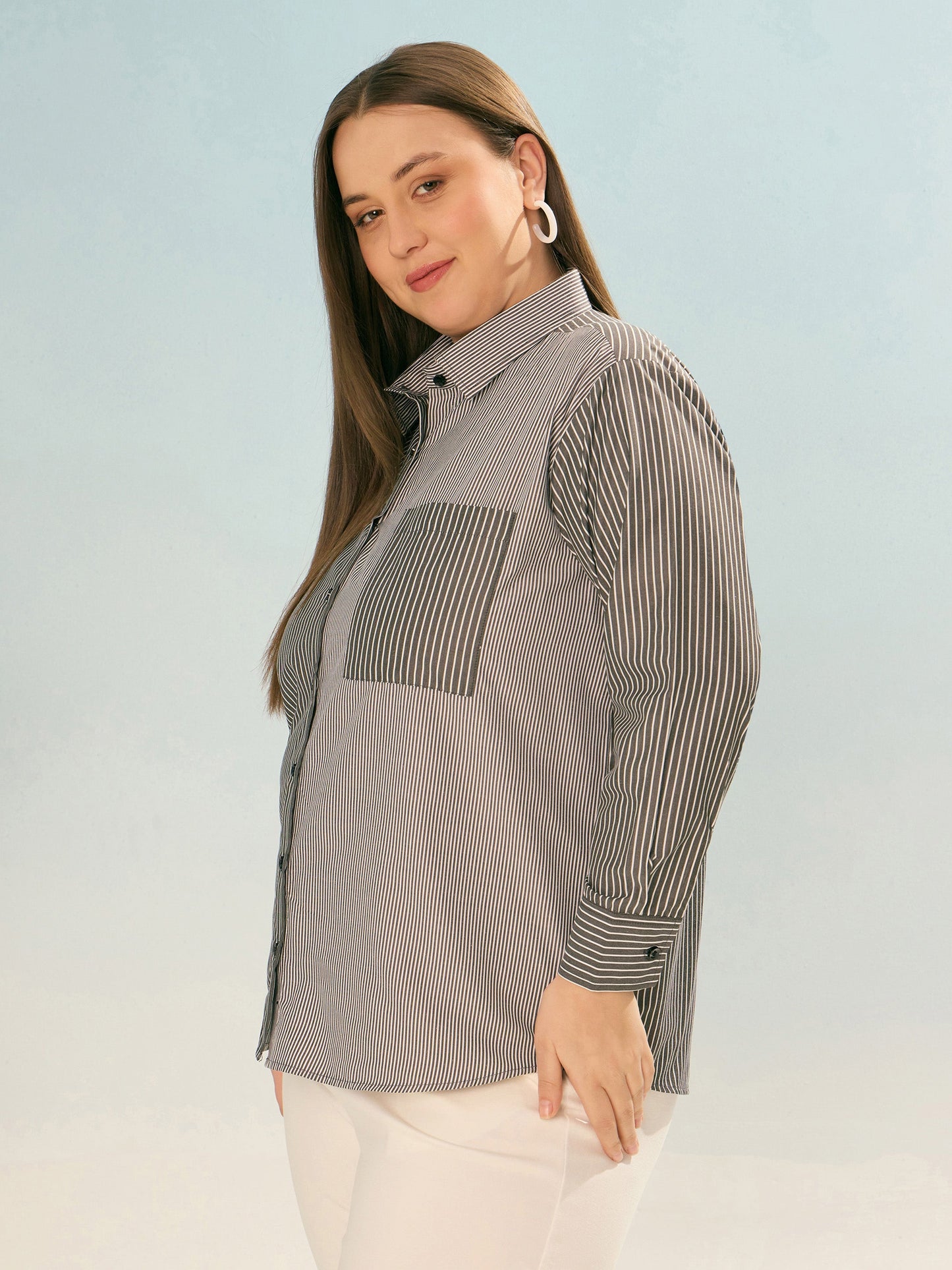 Black Stripes Poplin Front Pocket Regular Shirt