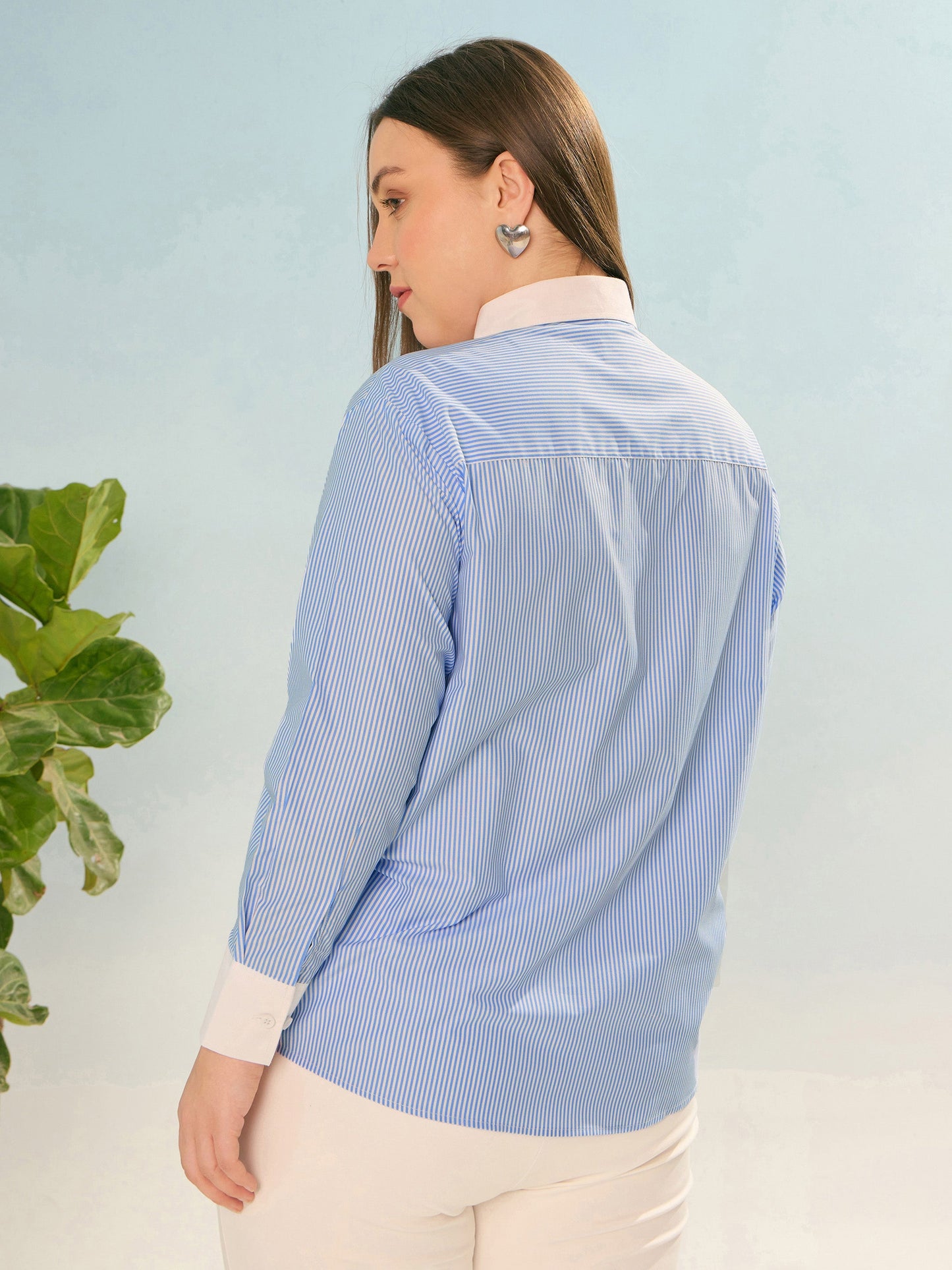 Blue Stripes Poplin Contrast Detail Shirt