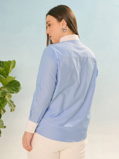 Blue Stripes Poplin Contrast Detail Shirt
