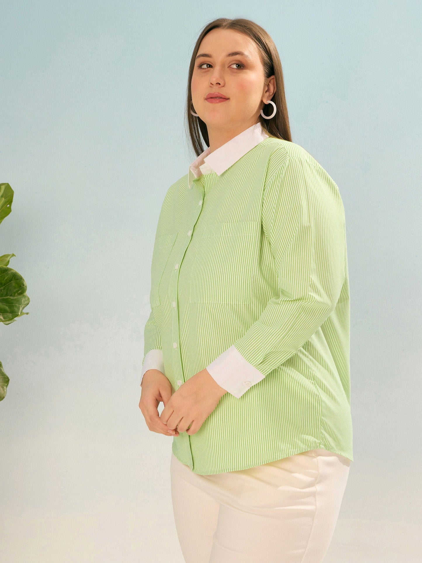Green Stripes Poplin Contrast Detail Shirt