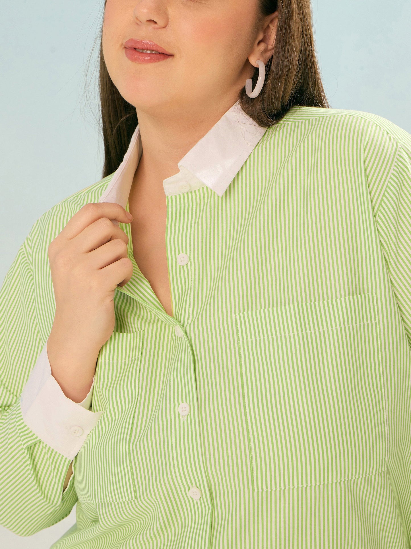 Green Stripes Poplin Contrast Detail Shirt