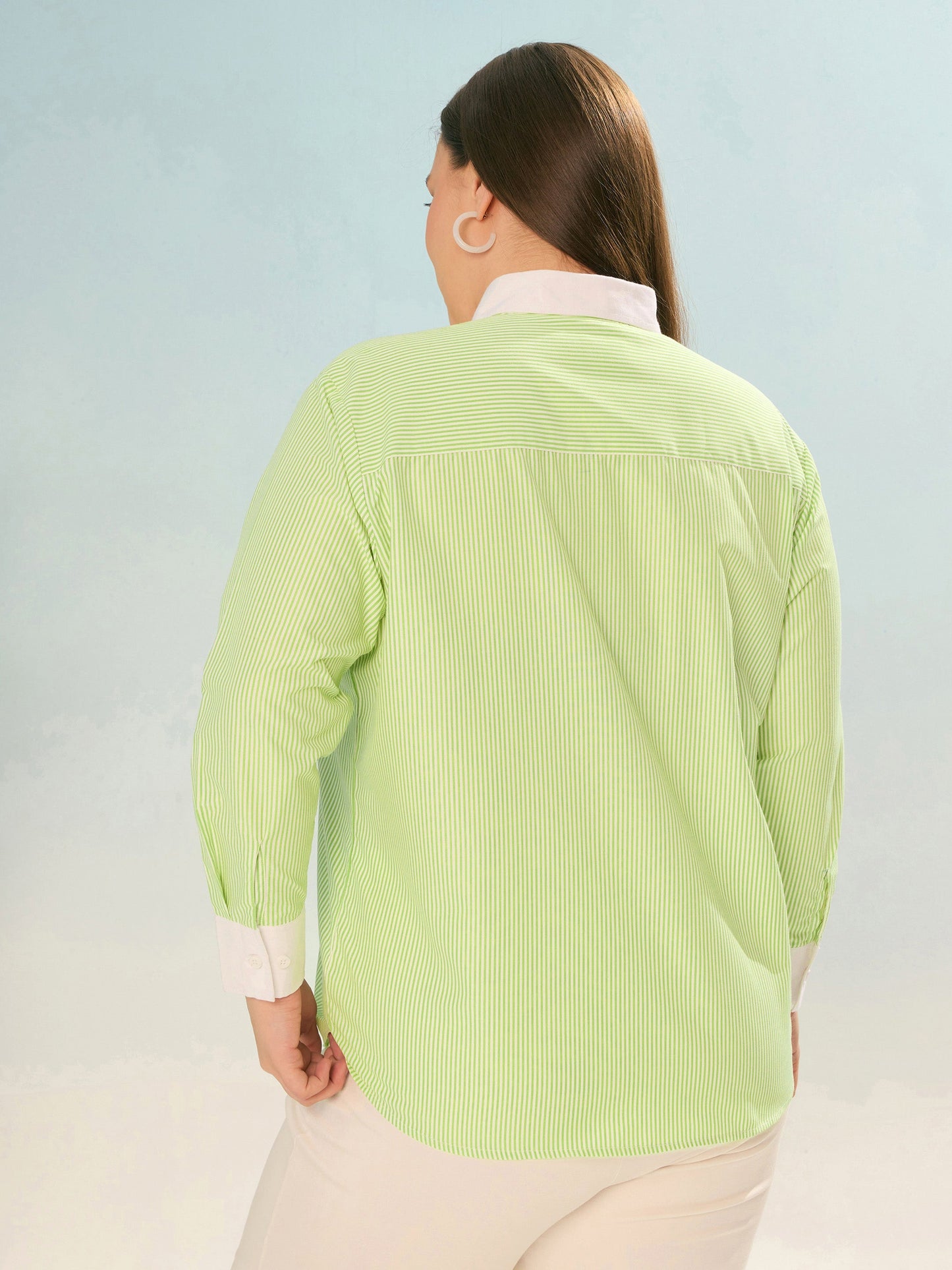 Green Stripes Poplin Contrast Detail Shirt