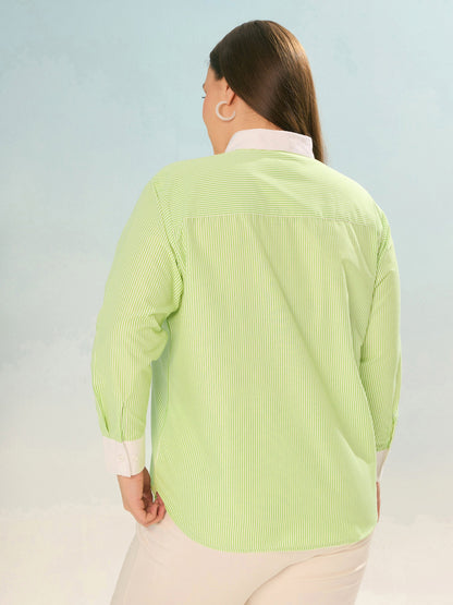 Green Stripes Poplin Contrast Detail Shirt