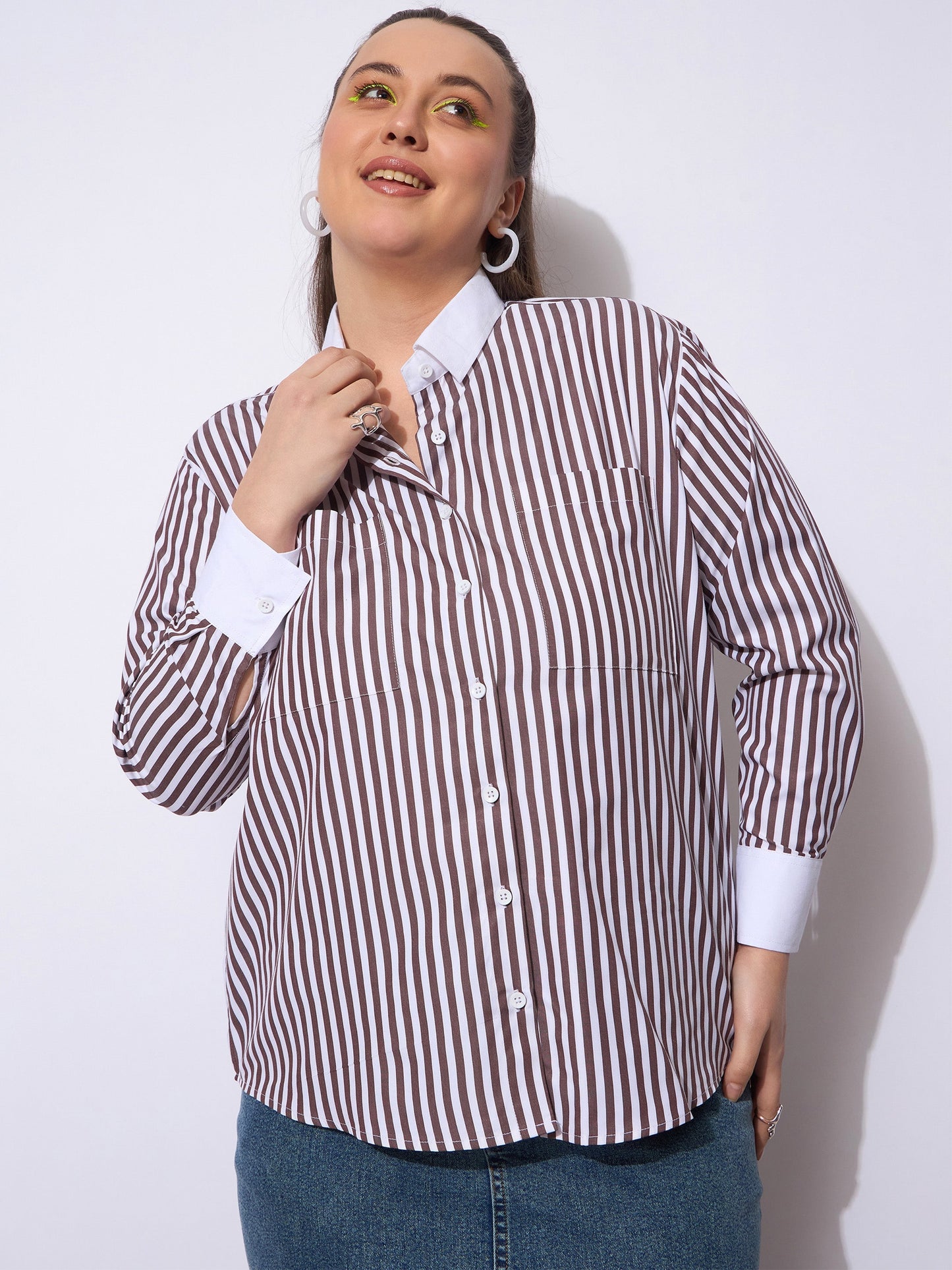 Dark Brown Stripes Poplin Contrast Detail Shirt