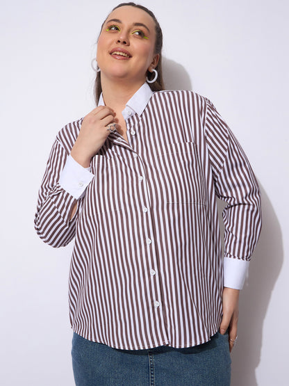 Dark Brown Stripes Poplin Contrast Detail Shirt