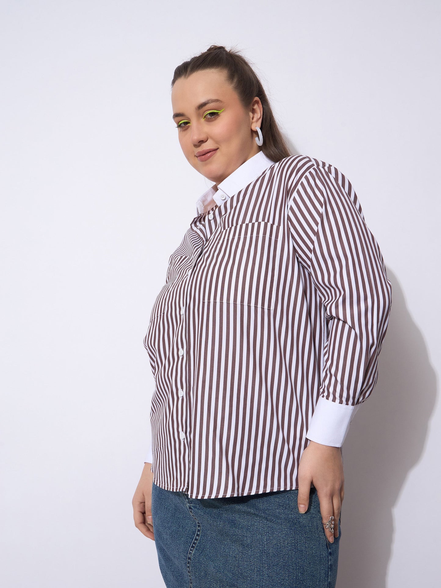 Dark Brown Stripes Poplin Contrast Detail Shirt