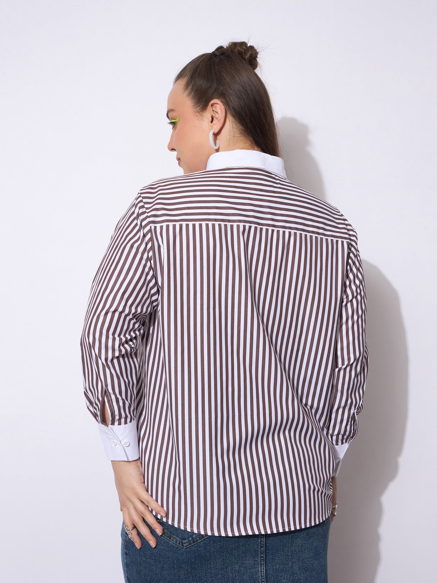 Dark Brown Stripes Poplin Contrast Detail Shirt