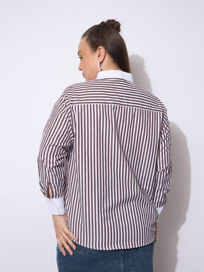 Dark Brown Stripes Poplin Contrast Detail Shirt