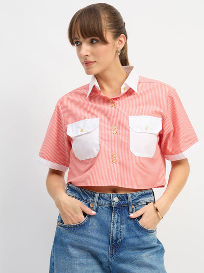 Women Red & White Stripes Crop Shirt