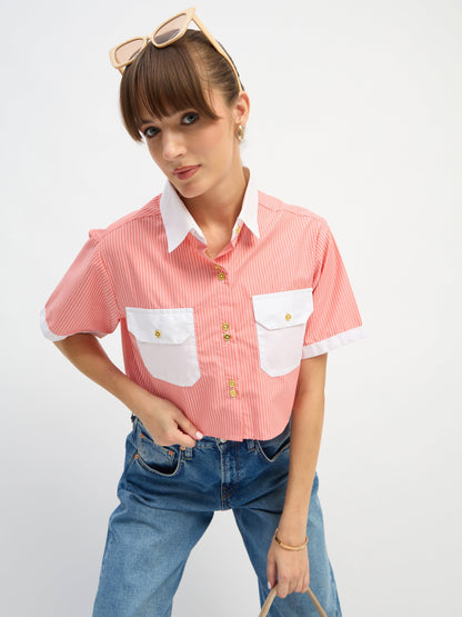 Women Red & White Stripes Crop Shirt