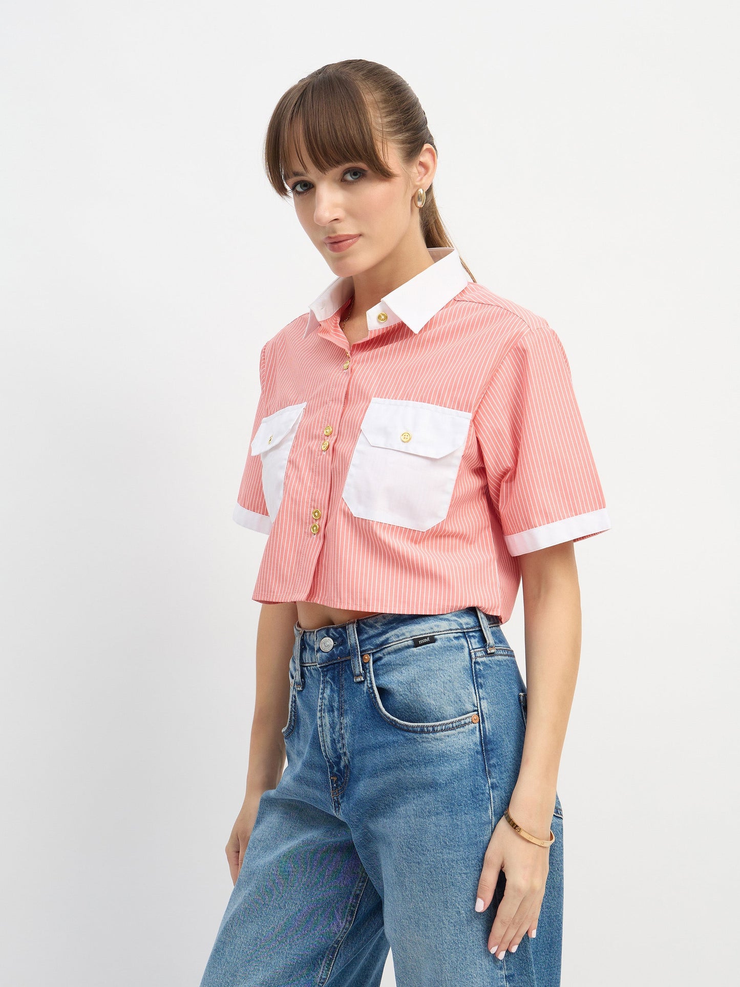 Women Red & White Stripes Crop Shirt